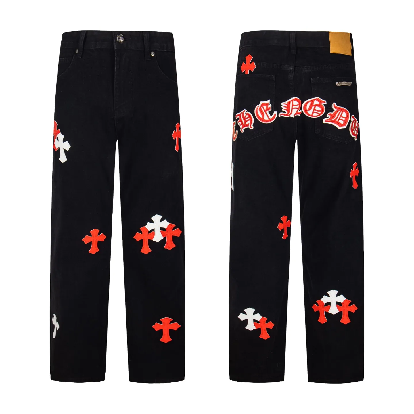 P260 Chrome Hearts Black Pants Sanskrit Red and White Patch Leather Jeans CH jeans need to be washed before being dismantled and then hand-stitched with sheepskin cross leather and then spliced ​​together. The whole piece has too many craftsmanship to explain. The patches are decorated with cross patterns and the high-waisted washed jeans! ! Absolutely high-end luxury products, god-level single products and super popular products, made with top heavy industry, a must-see magic weapon. Customized hardware. The fabric is thick and soft after washing. It has good breathability. Customized small leather label. Unique design. The details are simple and elegant, and the workmanship is exquisite. The entire trousers are neatly routed and the details are in place! It’s so cool that both men and women can easily control the genderless trend! Style number: 1872# Color: black Size: 28 30 32 34